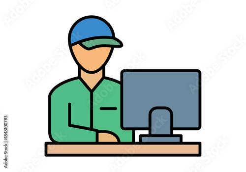 Operador logístico o trabajador de almacén con gorra azul y camisa verde utilizando una computadora para gestionar envíos y pedidos