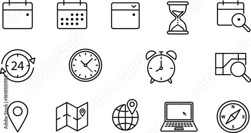 Calendar and time navigation line icons set with clock alarm map location search planning productivity vector outline design
