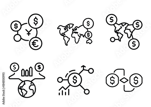Global financial connections and exchange between currency icons in a vector illustration
