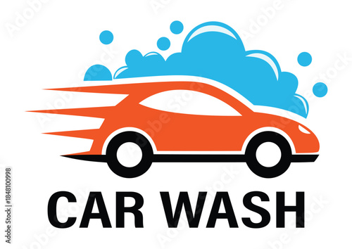 Car wash logo design with blue bubbles and fast moving vehicle silhouette for professional automotive detailing and cleaning services