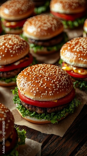 De délicieux hamburgers aux ingrédients juteux servis dans des petits pains au seigle conviennent parfaitement au menu des restaurants ou à la publicité pour la restauration  