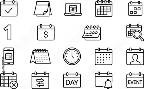Calendar planning line icons set with event schedule reminder date management productivity workflow vector outline design collection business organization interface