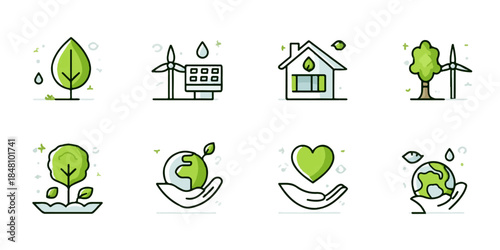 A collection of icons representing various aspects of sustainable living, including renewable energy, eco-friendly practices, and environmental conservation.
