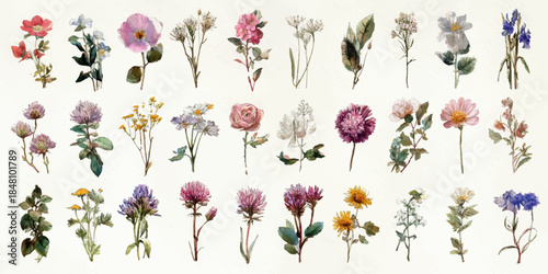 A collection of various dried flowers arranged in a grid, showcasing different types and colors of flowers.