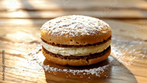 Delicious layered dessert with powdered sugar on a wooden surface.