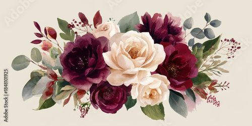 A beautiful arrangement of burgundy, cream, and white flowers with green foliage, creating a stunning and sophisticated floral bouquet.