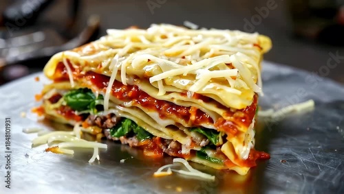 Delicious layered lasagna slice with cheese and tomato sauce on a plate.
