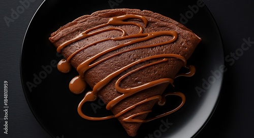 Top-Down View of Folded Chocolate Crepe with Hazelnut Drizzle on Black Plate