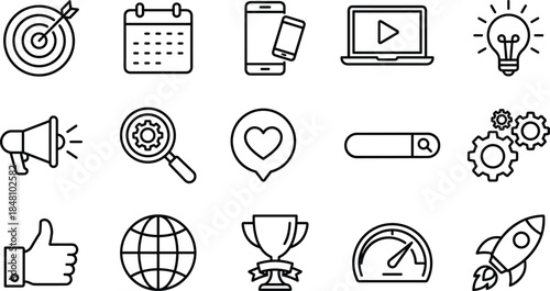 Digital marketing strategy line icons set with analytics communication media startup growth productivity vector outline design collection