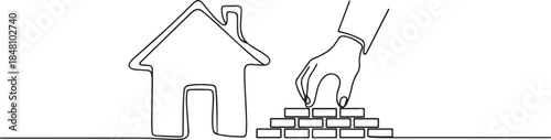 One line continuous building house. Concept of hand arranging bricks. one line Icon drawing