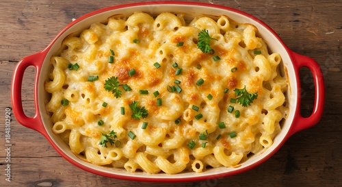 Top-Down View of Creamy Baked Mac and Cheese in Red Dish on Wooden Backdrop