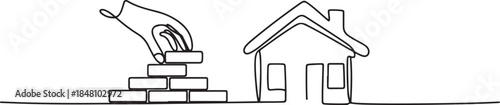 One line continuous building house. Concept of hand arranging bricks. one line Icon drawing