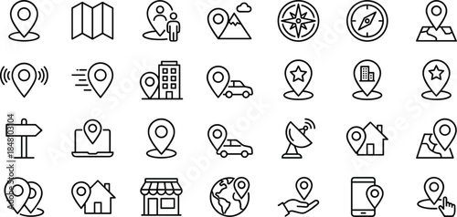 Location map pin icons set, navigation GPS symbols, geolocation address tracking outline vector illustration collection for mobile app design, interfaces