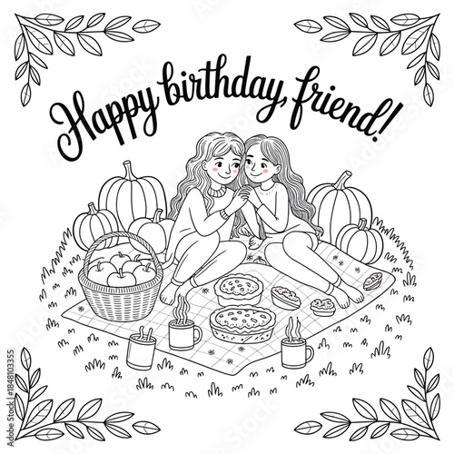 Charming birthday greeting card features friends enjoying picnic amidst autumn harvest vector illustration line art royalty free stock photos premium quality