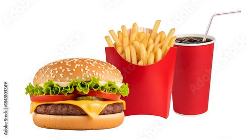 Hamburger French Fries and Soft Drink.