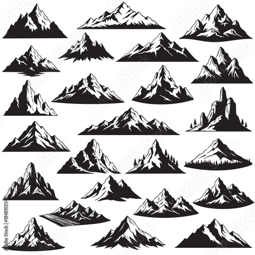 Collection of black and white mountain silhouettes with various shapes and textures nature landscape