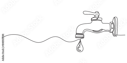 Water Tap continuous one line drawing minimalism design, Single line drawing of faucet with water drop, Water Shortage Continuous Line Editable Stroke Line, Black water tap with flowing water.