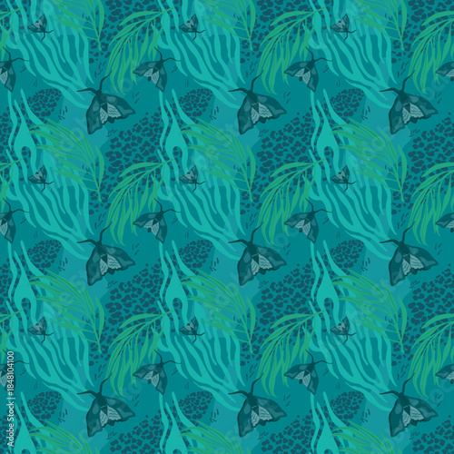 Seamless abstract botanical pattern with butterflies, leaves and animal texture elements in emeraldes tones, decorative nature inspired background