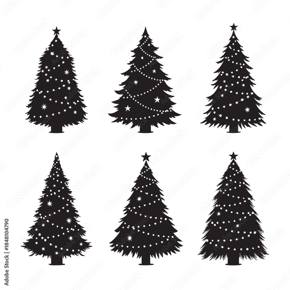 Fototapeta premium Five black christmas trees with white stars and a star on