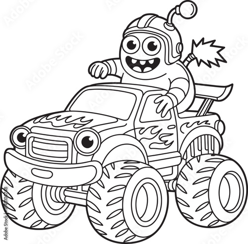 Monster truck monster driving with antennas and googly eyes cartoon silhouette line art illustration royalty free stock photos premium quality