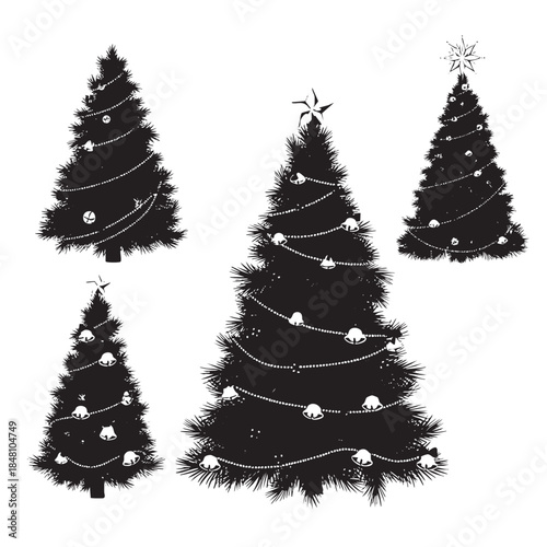 Five black and white Christmas trees with stars and baubles holiday