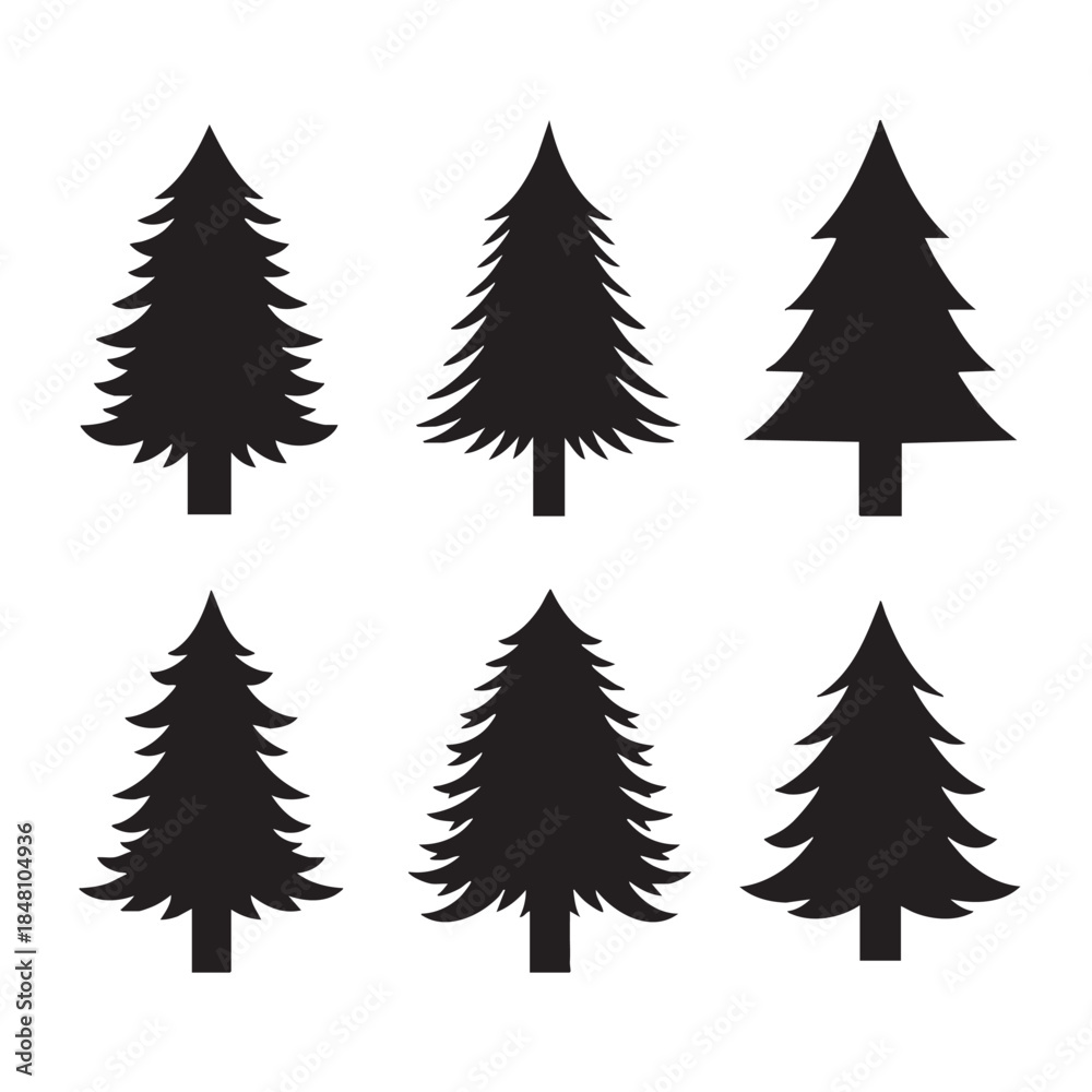 Obraz premium Five black silhouette Christmas trees arranged in a grid pattern 1