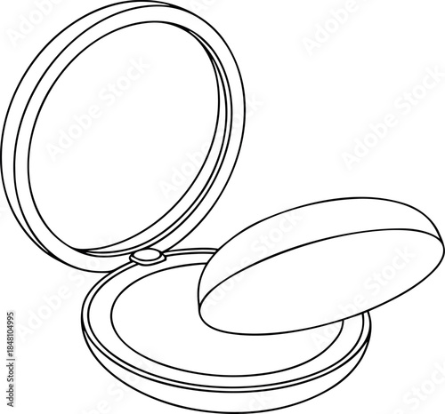 Line art outline drawing of an open compact cosmetic powder case with an internal mirror and applicator puff for makeup