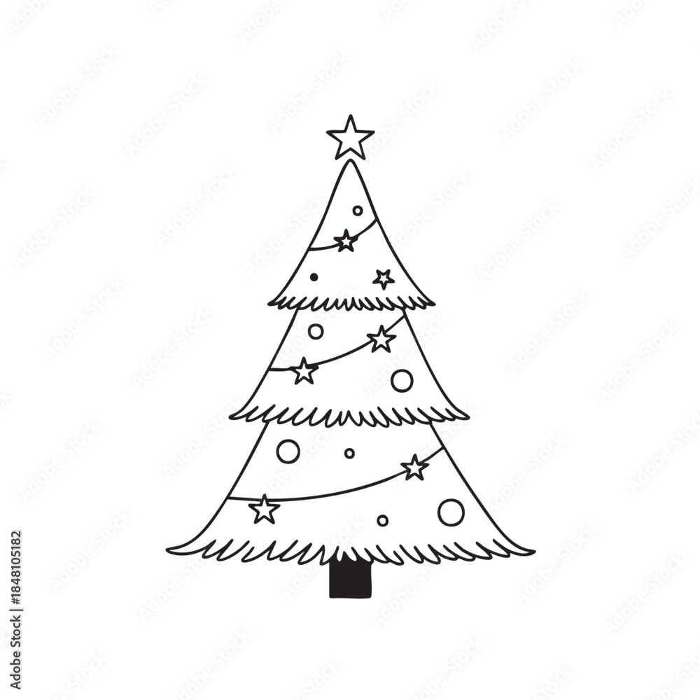 Fototapeta premium Simple black and white line of a Christmas tree with stars and circles as ornaments line black and white