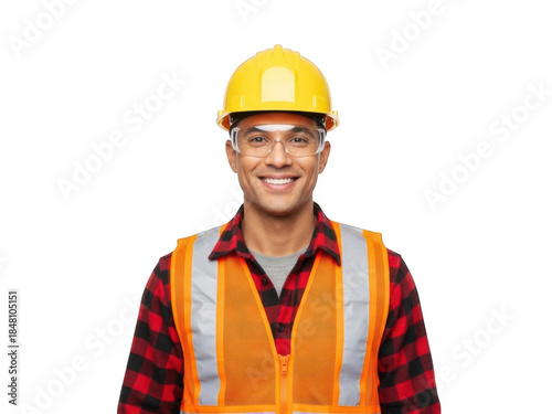Construction worker wearing safety gear and hard hat