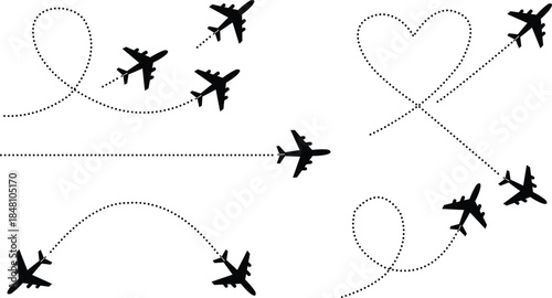 Airplane Silhouette with Dotted Line Flight Path Route Vector Set