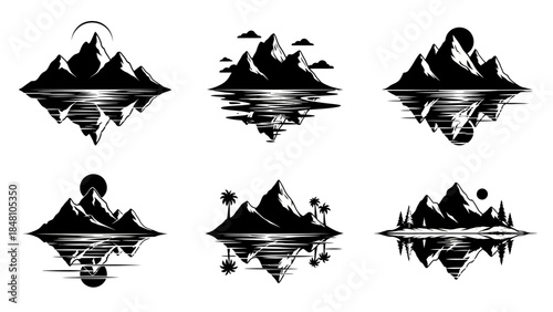 Set of black and white mountain landscape vector logos and icons collection with water reflections trees and sun or moon graphic illustration bundle