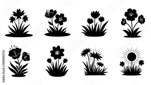 Black silhouette set of spring flowers and blooming garden flora elements abstract illustration graphic design templates for nature and gardening concepts