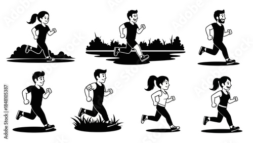 Set of eight running people icons black and white collection with men and women jogging in park or on trail vector silhouette illustration bundle for fitness