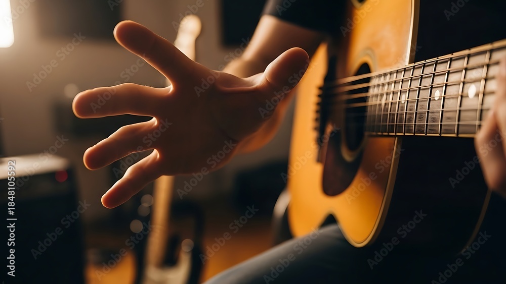 Fototapeta premium Close-up of a person's hand reaching towards the strings of an acoustic guitar, ready to play music.
