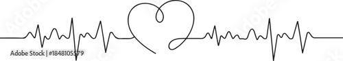 Continuous line drawing of heart with heartbeat. Pulse trace. Cardiogram icon. one line Icon drawing