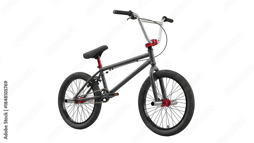 Fototapeta premium Dark grey BMX bicycle with red accents on black background bike sport