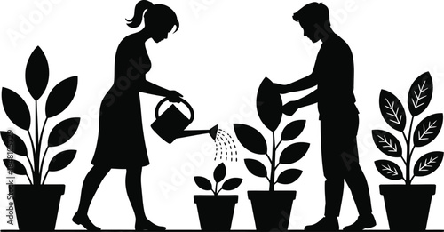Couple watering plants in pots gardening silhouette