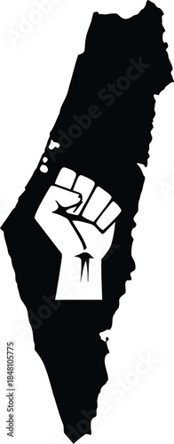 Black silhouette of Palestine map with a raised fist symbol inside on a white background Keywords: Palestine, map, raised fist, symbol, silhouette, black and white, power
