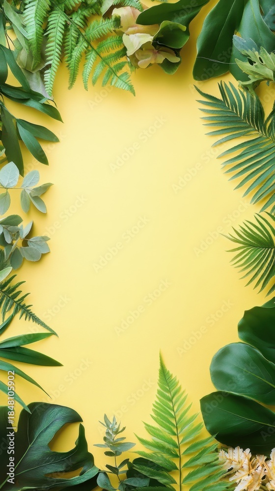 Naklejka premium Tropical green leaves frame on yellow background with copy space