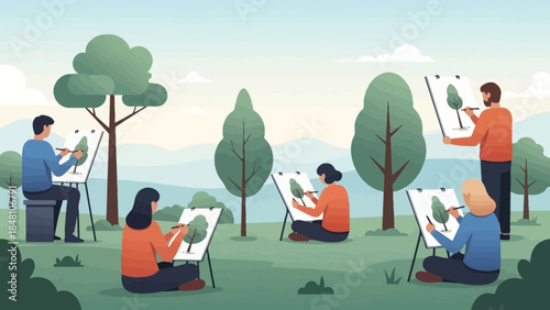 artists engaging in outdoor botanical illustration in a serene park setting engaging with nature