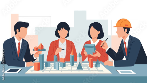 business professionals collaborating on urban development project with architectural models and