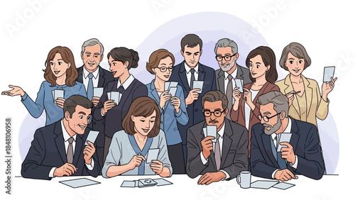 business professionals engaging in a meeting with digital devices in a corporate environment