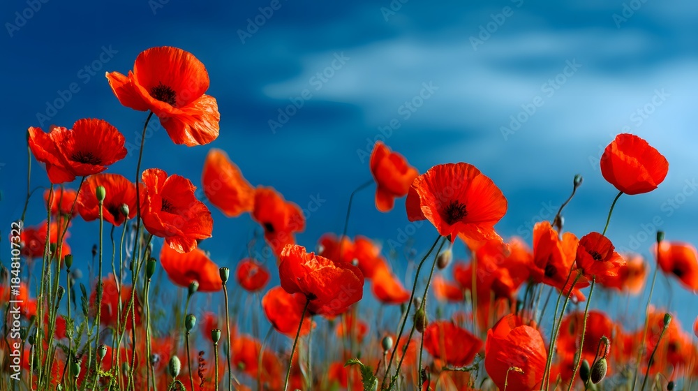 Fototapeta premium Vibrant red blossoms grow profusely beneath a deep blue sky