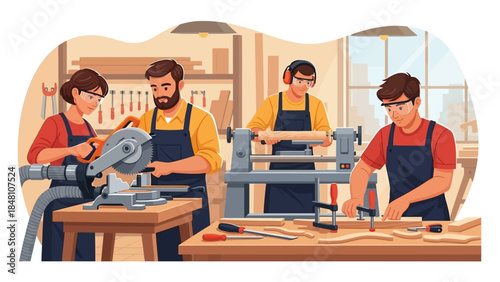 Children Engaged in Woodworking and Crafting Activities in a Well-Equipped Workshop