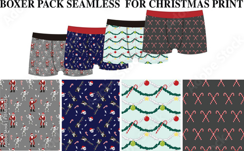 Seamless Christmas Boxer Briefs Pack with Santa, Skeleton, Guitar, and Candy Cane Patterns