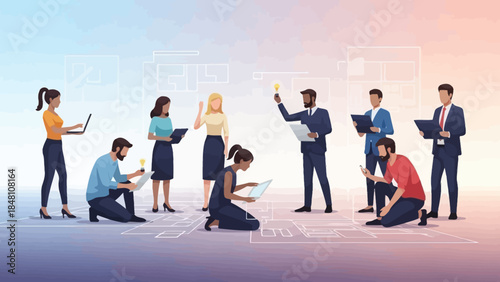 Collaborative Business Meeting with Diverse Professionals Engaged in Digital Planning and