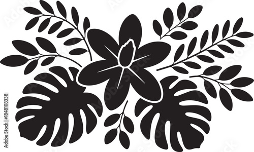Tropical silhouette horizontal arrangement layout palm and monstera leaves vector illustration