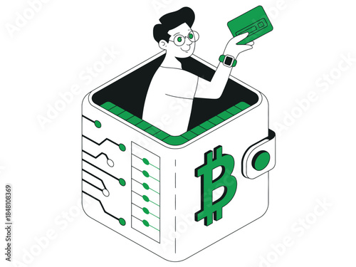 Cartoon Man Holding Bitcoin Device