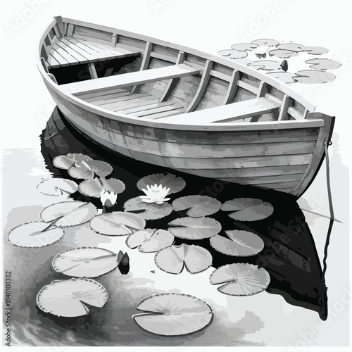 Boat floating on calm water lake and river surrounded by nature