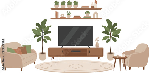 Modern minimalist living room interior illustration, cozy home decor with sofa, armchair, plants, TV cabinet, shelves, neutral colors